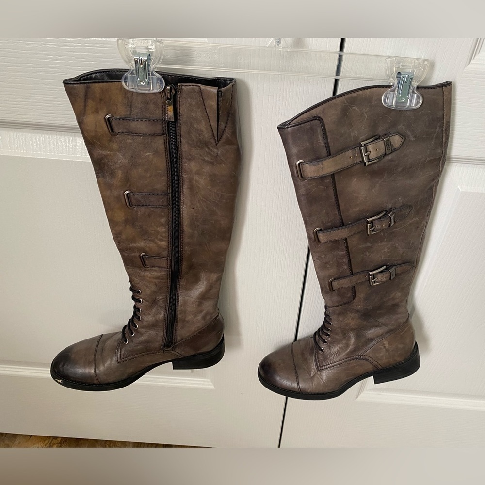 Vince Camuto Gray Leather Buckle Knee Boots Women Size 6